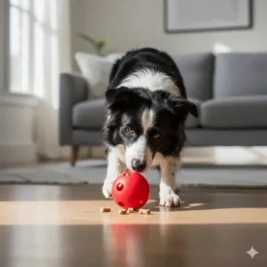 A Border Collie nudging an interactive treat dispenser toy to release small biscuits in a living room.