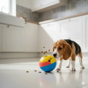 A wobbling treat dispenser toy releasing small kibble pieces for a puppy to find on a kitchen floor.