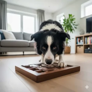 A clever Border Collie using its paws to slide wooden compartments on an interactive dog puzzle.