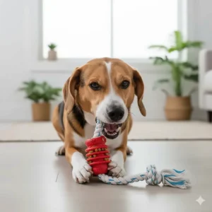 A Kong dental toy featuring durable cotton rope to help clean a dog's teeth and improve oral hygiene through interactive play.