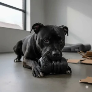 A durable black Kong Extreme toy for powerful chewers, shown next to a large breed dog in a modern British home setting.