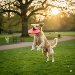 A red rubber Kong Flyer frisbee designed for outdoor fetch and interactive exercise in a typical British park or garden.