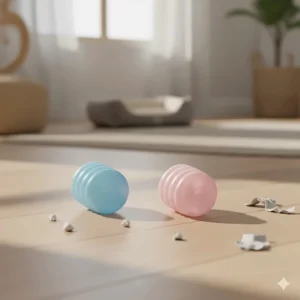 Blue and pink rubber Kong toys for puppies, designed to soothe teething gums and encourage healthy chewing behaviour in young dogs.