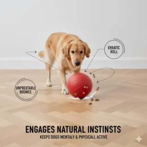A motion-style illustration showing the unpredictable wobble and roll of the toy to keep dogs engaged.