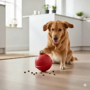 A Kong Wobbler toy used as a slow feeder to provide mental stimulation and entertainment for dogs during mealtime on a kitchen floor.
