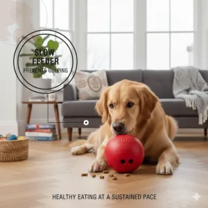 Illustration of a dog using the Kong Wobbler as a slow feeder to prevent gulping its dinner.