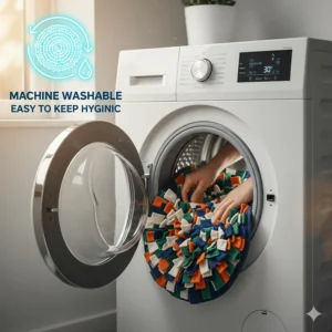 A person placing a fabric snuffle mat into a modern white washing machine, highlighting that the product is machine washable and easy to keep hygienic.