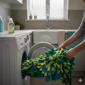 A colourful fabric snuffle mat being placed into a front-loading washing machine to show ease of cleaning for pet owners.