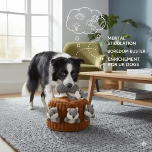 Illustration showing how a hide a squirrel dog toy provides mental stimulation and prevents boredom for UK dogs.