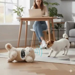 Photorealistic illustration of a sleek, spherical motion activated dog toy with glowing blue light strips on a geometric rug.
