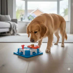 Nina Ottosson Dog Brick intermediate level 2 puzzle featuring sliding blocks and removable bone fins to challenge a dog's problem-solving skills.