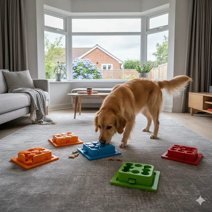 A variety of Nina Ottosson dog puzzles in different difficulty levels, featuring a Golden Retriever engaging with a colourful plastic treat-dispensing game in a modern British living room. nina ottosson dog puzzles