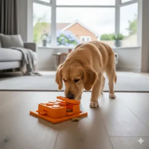 Nina Ottosson Dog Smart beginner level 1 puzzle in orange, showing a puppy nudging bone-shaped covers to find hidden treats.