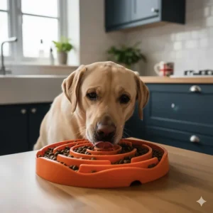 A Nina Ottosson Dog Maze being used as a slow feeder to help a Labrador eat its dry kibble more slowly at mealtime in a UK kitchen.