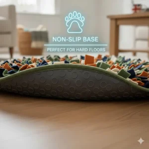 A detailed view of the grey, rubberised non-slip base of the mat, shown resting on a British oak-style laminate floor for safety.