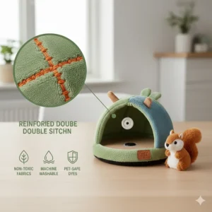 An infographic highlighting the pet-safe, non-toxic fabrics and machine-washable materials used in burrow dog toys.