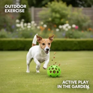 A Jack Russell chasing a bright green treat dispensing ball for dogs across a British garden lawn.