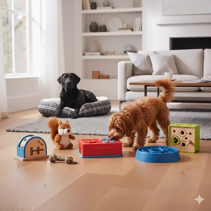 A variety of Outward Hound puzzle toys for dogs arranged on a wooden floor in a modern UK home with a Labrador and Cockapoo. outward hound puzzle toys