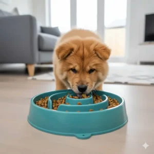 A teal Outward Hound Fun Feeder Slo Bowl used as a puzzle toy to prevent bloating and encourage slow eating.