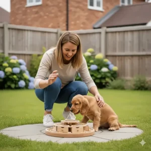 A UK pet owner encouraging their puppy to solve an advanced dog puzzle toy in a garden setting.