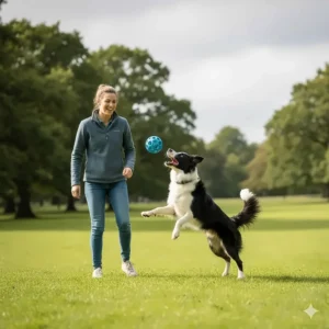 A dog owner in a local British park throwing a wiggle giggle ball for their Border Collie to chase during a game of fetch.