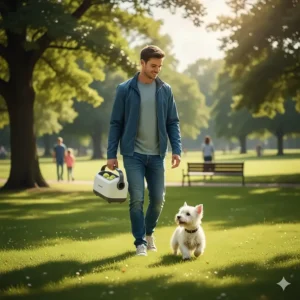 A dog owner carrying a lightweight automatic ball launcher for small dogs during a walk in a British park.