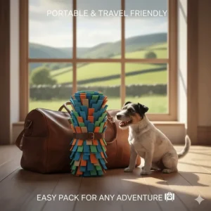 A rolled-up snuffle mat secured with a strap next to a leather travel bag, with a rolling British countryside view visible through the window.