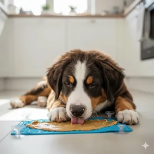 A silicone licking mat spread with dog-safe peanut butter to encourage calm behaviour in young dogs.