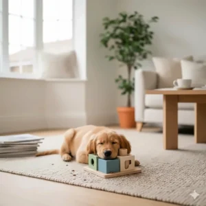 A tired, happy puppy resting its head on a circular puzzle toy after a successful mental stimulation session.
