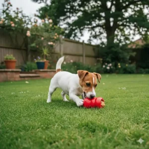 A Jack Russell puppy playing with a durable rubber food-stuffed toy on a green lawn in a UK garden.