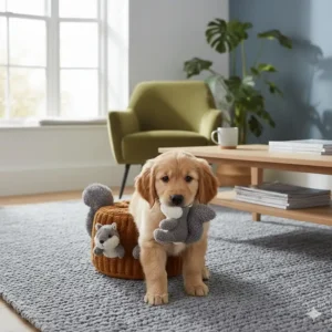 A young puppy gently carrying a squeaky squirrel from the hide a squirrel dog toy set.