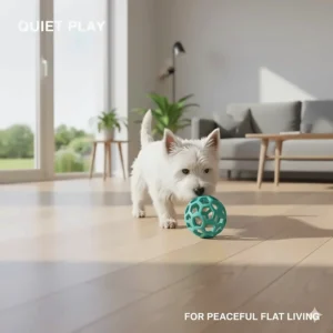 Illustration of a soft-outer treat dispensing ball for dogs designed for quiet play on hardwood floors in a flat.