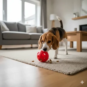 A Beagle nudging a rolling treat-dispenser ball across a rug to release kibble.