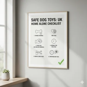 An illustrated infographic showing a safety checklist for choosing dog toys for unsupervised play.