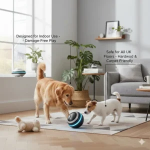 A photorealistic illustration showcasing a motion-activated toy designed for safe indoor exercise for British dogs, featuring soft natural lighting.