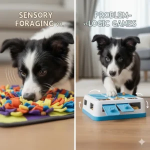Comparison graphic showing sensory foraging with a snuffle mat versus logical problem-solving with a plastic puzzle toy.