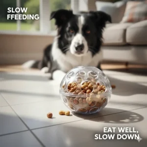 Close-up illustration of dry dog food kibble inside a treat dispensing ball for dogs used as a slow feeder.