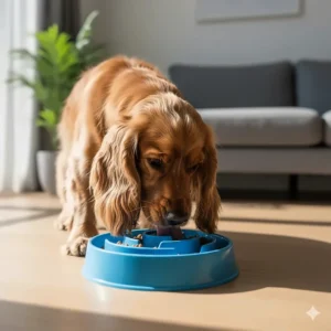 A Cocker Spaniel eating from a blue spiral slow-feeder bowl, designed as a functional puzzle toy to prevent fast eating.