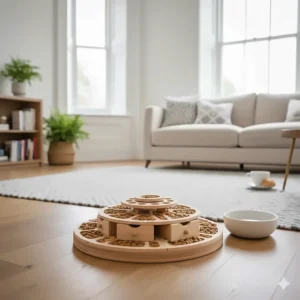 An advanced dog puzzle toy being used as a slow feeder to improve digestion during mealtime.