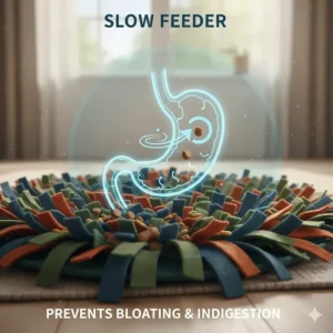 A technical diagram overlay on a snuffle mat showing a dog's digestive system to demonstrate how slow feeding prevents bloating and indigestion.