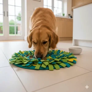 A Golden Retriever eating its dinner kibble from a snuffle mat to encourage slow feeding and improved digestion.