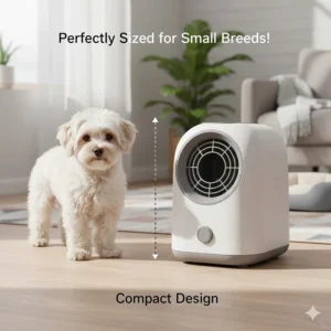 A diagram showing the compact size of an automatic ball launcher next to a small dog to ensure a good fit.