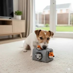 A small terrier breed playing with a miniature-sized burrow toy, ideal for flat-living or smaller UK homes.