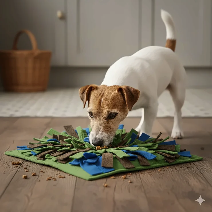 A Jack Russell Terrier foraging for dried treats hidden inside a fabric snuffle mat on a wooden floor. toys for bored dogs home alone