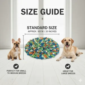 A size guide showing a 50cm mat between a French Bulldog and a Labrador to demonstrate suitability for various UK dog breeds.