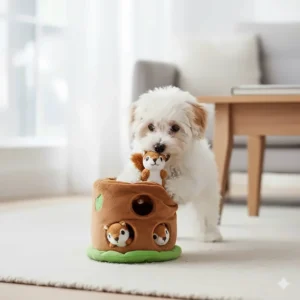 A plush tree trunk puzzle toy with small squeaky squirrels for a puppy to pull out and play with.