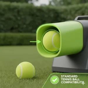 A clear view of a ball launcher compatible with standard-sized tennis balls, a popular choice for large dog owners across the UK.