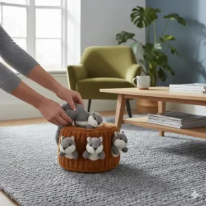 A hand tucking plush squirrels into the holes of the tree trunk toy to set up the game.