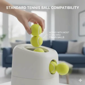 Close-up illustration of standard-sized tennis balls being used with an indoor automatic ball launcher.