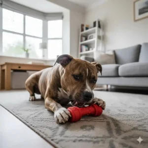 A durable rubber bone toy designed for aggressive chewers to prevent destructive behaviour in the house.
